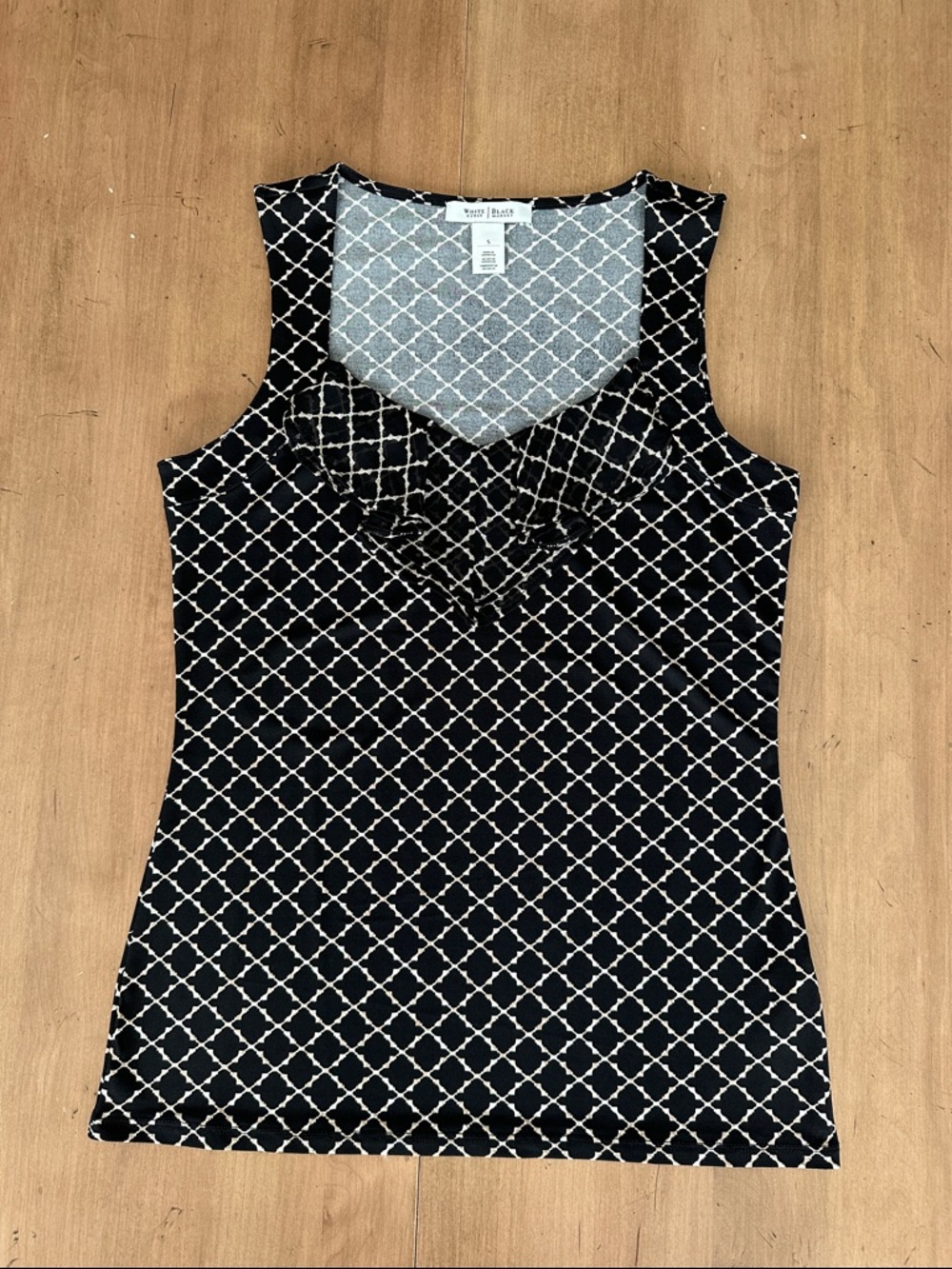 White House Black Market Black and White Lattice Ruffle Neck Tank Top